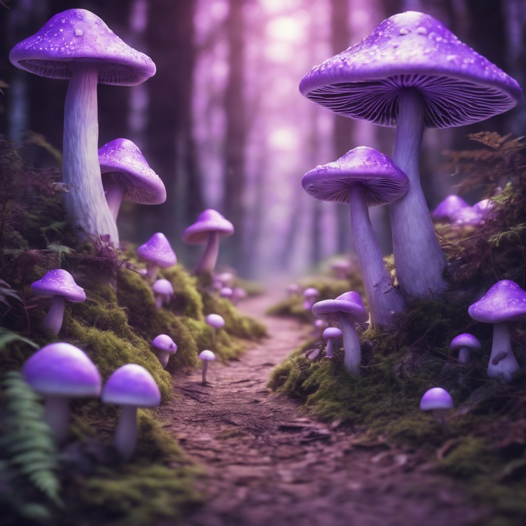 light purple psychedelic mushrooms growing in forest opening a path
